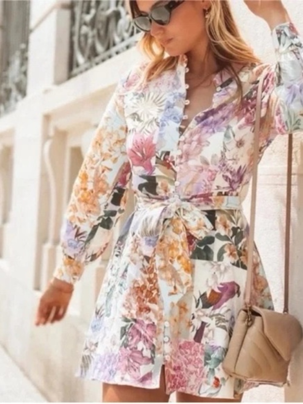 Zara Multicolor Floral Long-Sleeve Tie-Waist Shirt Dress